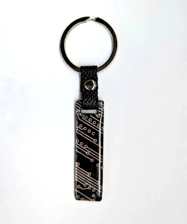 upcycled keychain made of repurposed printed circuit boards